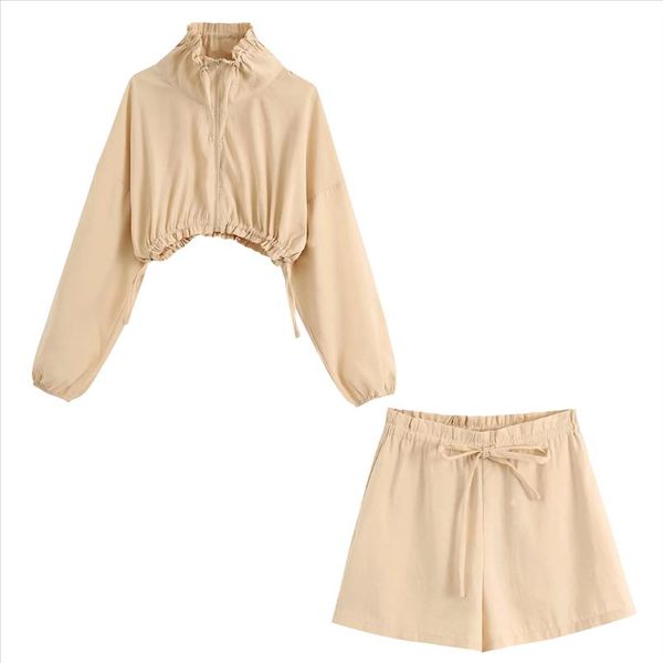 

new summer suits women two piece set flowing crop blouse high collar amp; high waist shorts elastic waistband ensemble femme, Gray