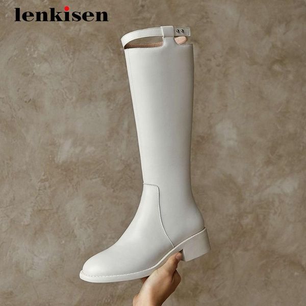

lenkisen riding boots genuine leather buckle decorations coolest punk round toe thick med heel zipper modern knee-high boots l64, Black