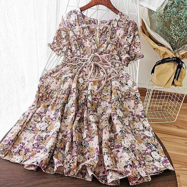 

party dresses vintage floral printed high waist loose dress women 2021 summer bow patchwork v neck short sleeve purple pink maxi dresses1, White;black