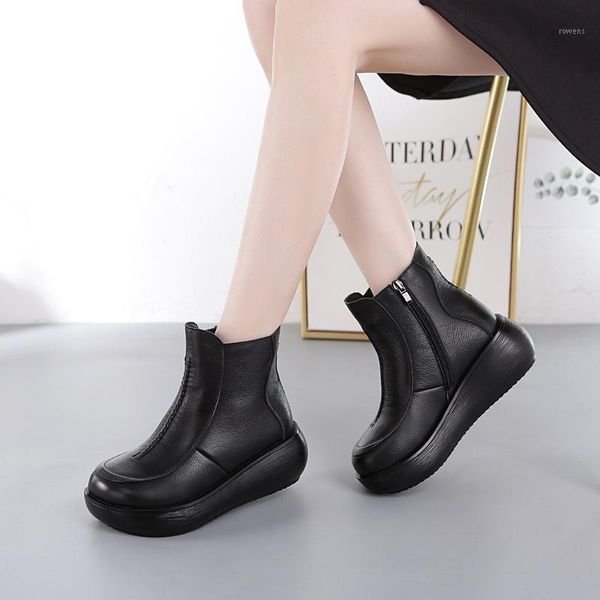 

women's genuine leather boots ethnic style retro platform shoes muffin soft bottom side zipper cowhide soft comfortable 2021 new1, Black