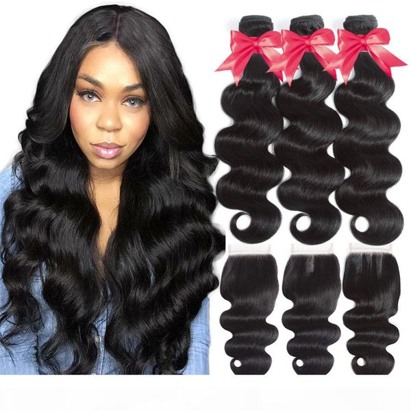 

brazilian virgin hair bundles with closure body wave bundles with 4x4 lace closure non-remy human hair, Black