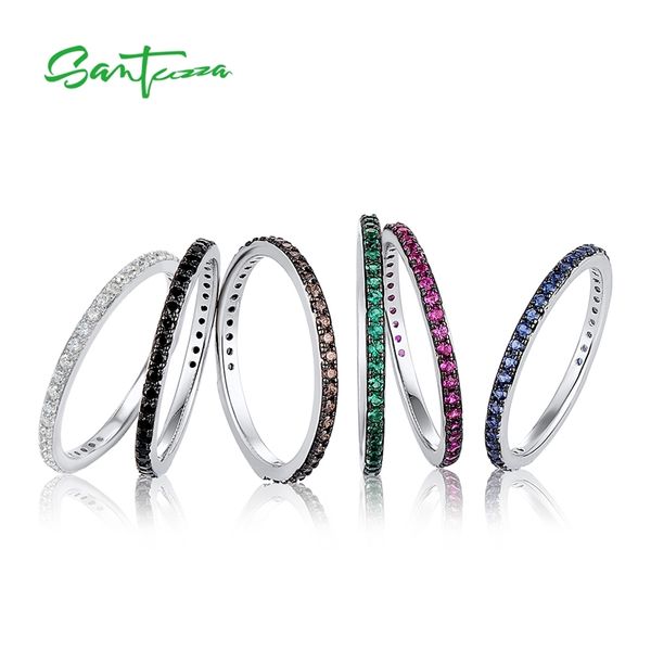 SANTUZZA 925 Стерлинговые серебряные кольца для женщин Мода Multi Gemstone Розовые синие черно-белые CZ CZ Stateable Ring Fine Jewelry 220207