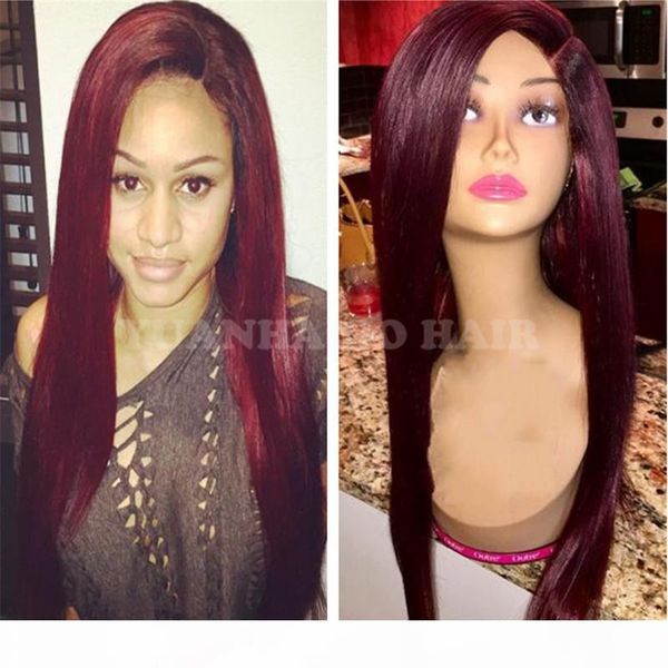 

8a 99j silky straight 100 virgin brazilian hair burgundy full lace wig ing, Black;brown