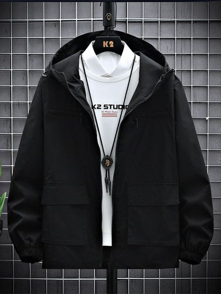 

romwe guys solid zipper hooded jacket f0em#, Black;brown