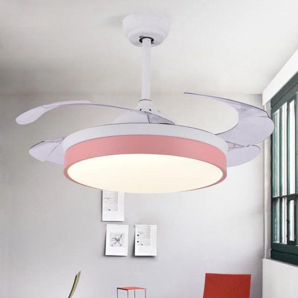 

retractable ceiling fan light remote control wind speed pink color folding invisible ceiling fan lamp for girls room 110/120v1