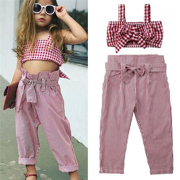 

clothing sets 2021 kids baby girls summer clothes plaid vest crop bow pants cool outfits children clothing1, White