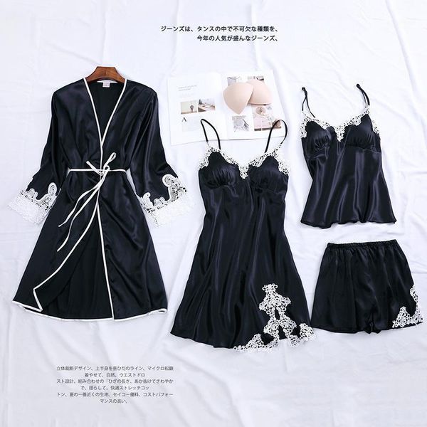 

wedding robe satin 4pcs sleep suit intimate lingerie women bride bridesmaid kimono nightwear bathrobe gown casual sleepwear1, Black;red