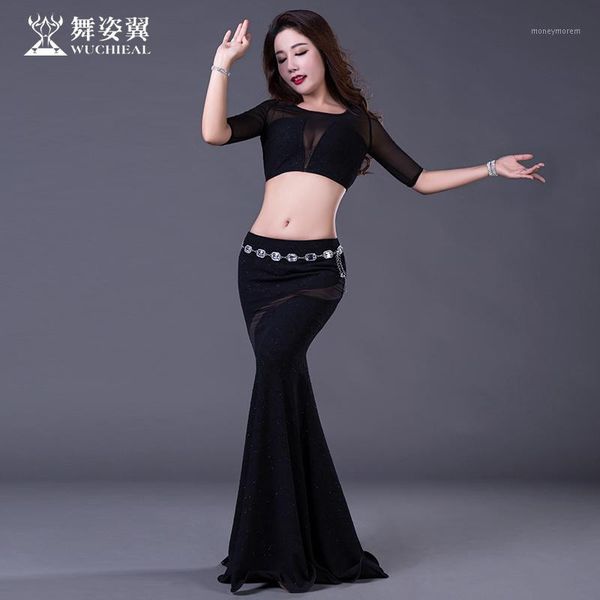 

stage wear bellydance gauze half sleeve long fishtail skirt belly dance 2pcs set for women/female,costume performance wears qc28981, Black;red