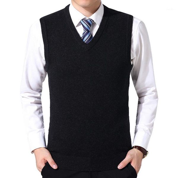 

mjartoria 2020 new arrival solid color sweater vest men cashmere sweater wool pullover men brand v-neck sleeveless jersey hombre1, Black;white