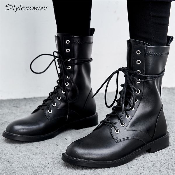 

women black lace up motorcycle boots real cow leather laces ankle boots short heels retro fashion brand design shoes