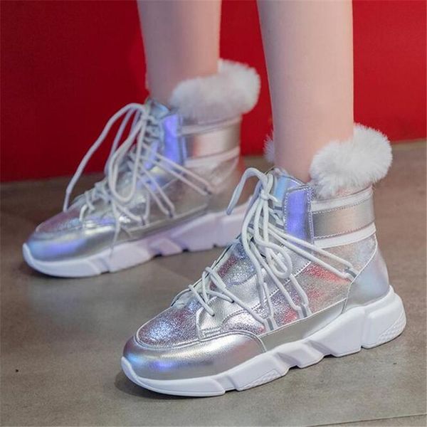 

woman autumn winter platform ankle boots comfortable warm short plush snow boots female black silver lace-up shoes botas mujer