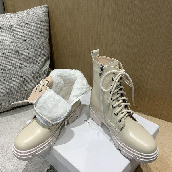 

snow boots women shoes real leather platform thick high heel ankle boots lace up fur lining warm short winter 40, Black