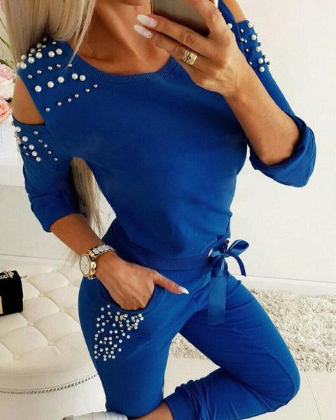 

women long sleeve beaded embellished cold shoulder & pants set1, Gray