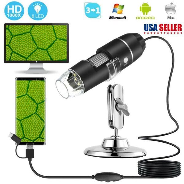

3-in-1 micro usb/usb/type-c interface 1000x magnification portable 8 led handheld digital microscope with stand1
