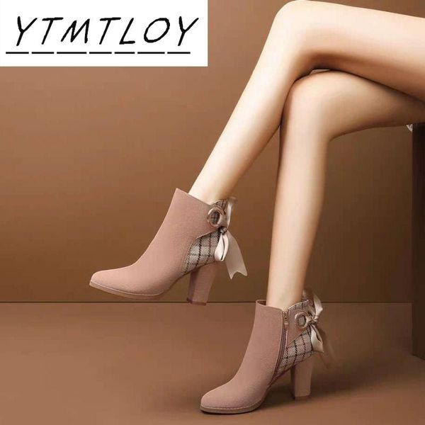 

boots 2021 side zipper short tube suede bow thick heel high heels fashionable winter woman, Black