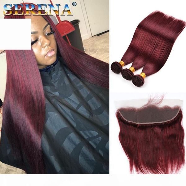 

#99j wine red 3 bundles peruvian hair with lace frontal 13x4 ear to ear silky straight burgundy weaves with full lace frontal closure, Black;brown