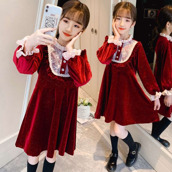 

winter 2020 sle princs drs plush korean girls' new year red veet skirt, Red;yellow