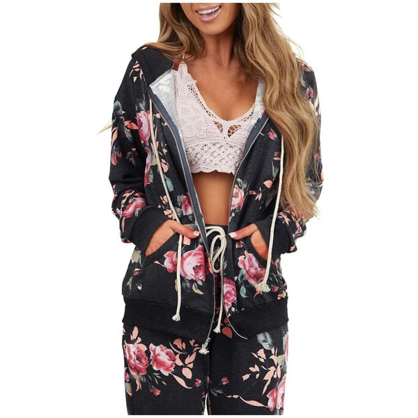 

women's autumn vintage floral printed zipper loose casual slim coat jacket 2020 female long sleeve outwear overcoat, Black;brown