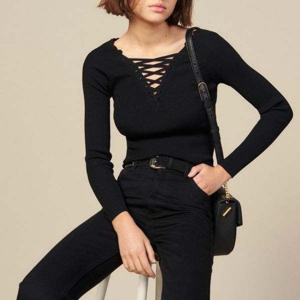 

s new women's deep v cross knitted sfppu00256 in autumn and winter of 2019, White;black