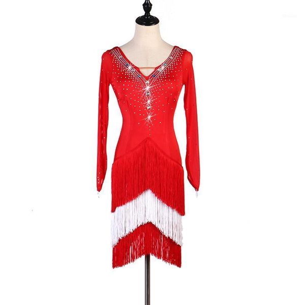 

stage wear women latin dance competition dresses with tassel rhinestone v-neck long sleeved ballroom clothing dl45551, Black;red