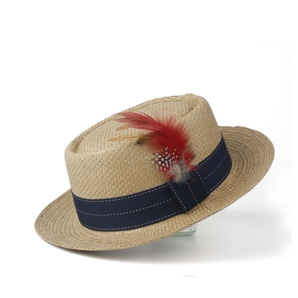 

big women men sun summer pork pie sunbonnet lady flat feather beach panama sunhat boater hat size 57-60cm t200602, Blue;gray
