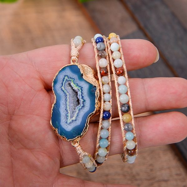 

women natural leather wrap semi precious stone beaded mala bracelet drop shipping y200730, Black