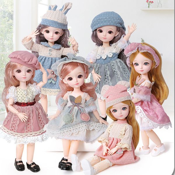 

new 12 inch 22 movable joints bjd doll 31cm 1/6 makeup dress up cute brown blue eyeball dolls with fashion dress for girls toy 1011