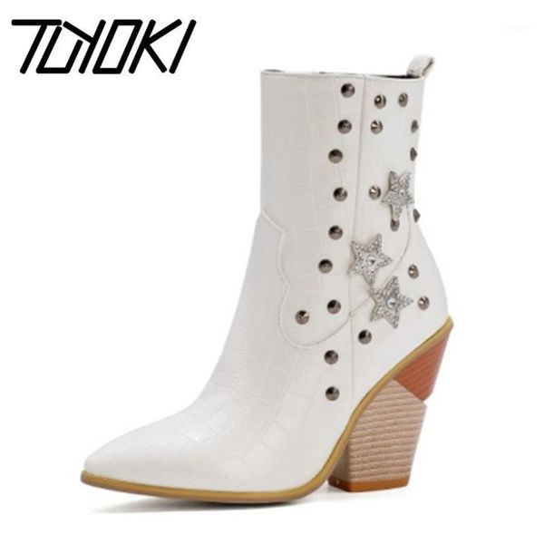 

tuyoki woman ankle boots fashion thick high heel winter shoes woman crystal rivet short boot party footwear size 34-431, Black