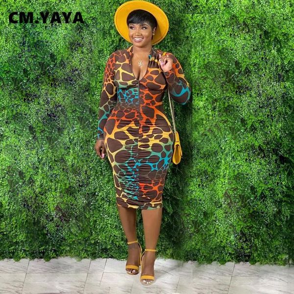 

cm.yaya women leopard print zipper up turn-down neck long sleeve stacked bodycon midi dress elegant active ruched draped dresses, Black;gray