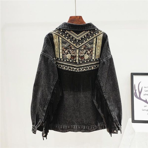 

tassel lapel denim coat dames spring bead flowers 2020 jacket autumn black jasjes streetwear loose women long harajuku sleeve lcsji