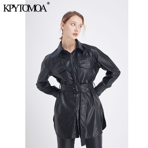 

kpytomoa women fashion pu faux leather with belted jacket coat vintage long sleeve pockets side vents female outerwear chic 201223, Black