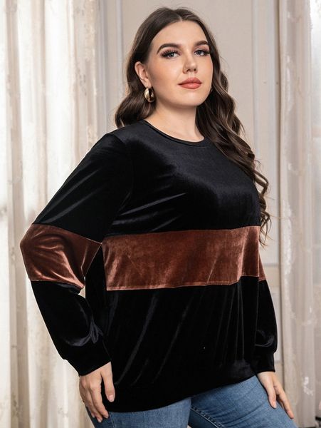 

plus contrast panel velvet pullover r5rh#, Black
