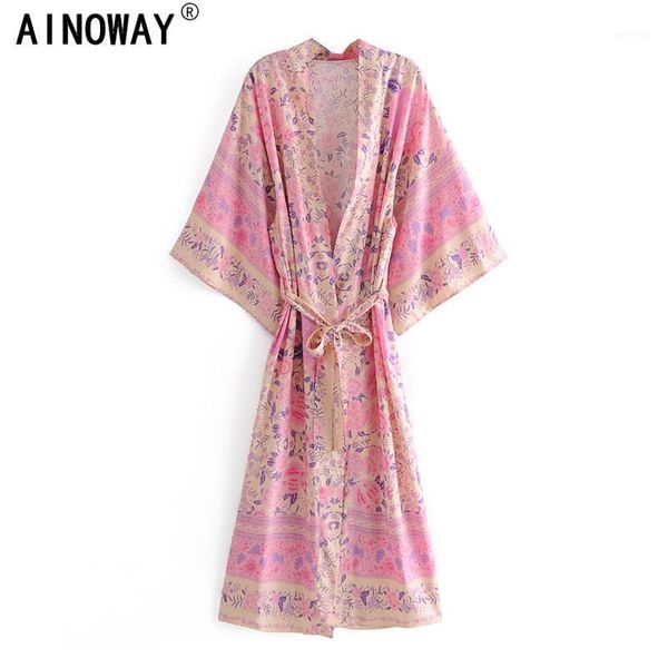 

pink floral print women vintage sashes bohemian kimono ladies v neck batwing sleeves boho maxi dress robe1, White