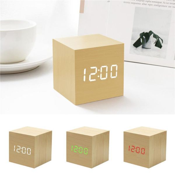 

led wooden alarm clock square sound control for bedroom bedside time/date/temperature display desk tools1