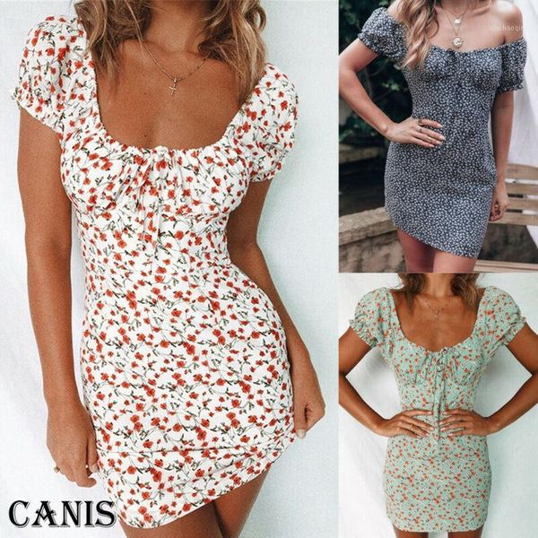

2020 new fashion women off shoulder wrap summer boho floral mini print dress ladies holiday beach1