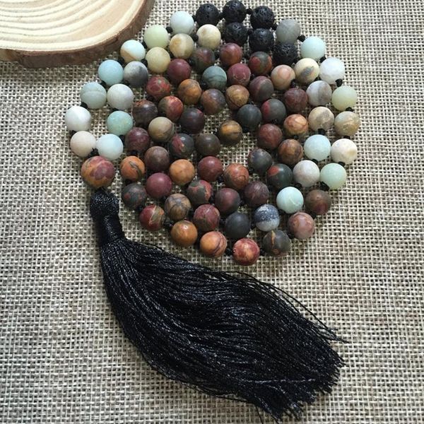 

chains 108 mala beads necklace long matte amazonite picasso natural stone hand knotted tassel collar mujer, Silver