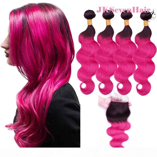 

body wave dark root rose pink brazilian virgin hair bundles 4pcs with 4x4 inch lace closure 1b rose pink peruvian malaysian indian hair, Black