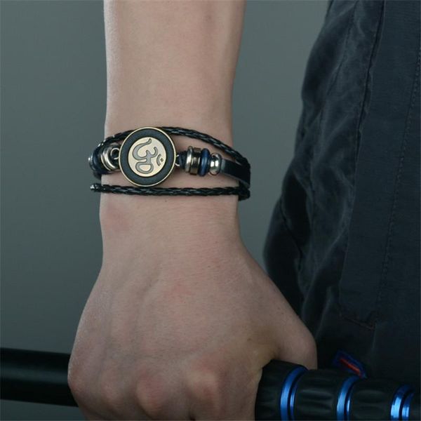 

wwlb fashion handmade black brown leather bracelets men jewelry antique gold ohm rope chain adjustable bracelet women for gifts, Golden;silver