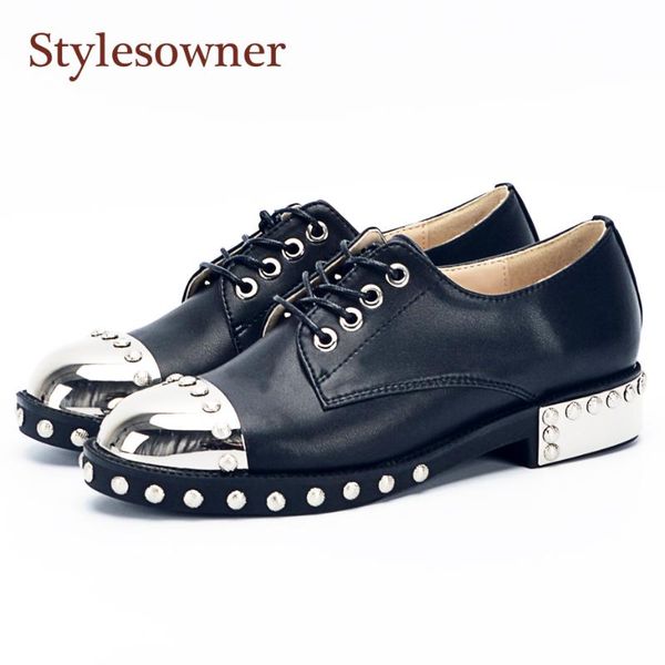 

fashion metal round toe rivets women shoes lace up low thick heel motorcycle color block genuine leather casual shoes woman, Black