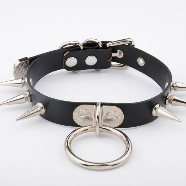 

chains handmade punk gothic real leather spiked choker bondage slave collar drop o-round pendant necklace for women girls, Silver