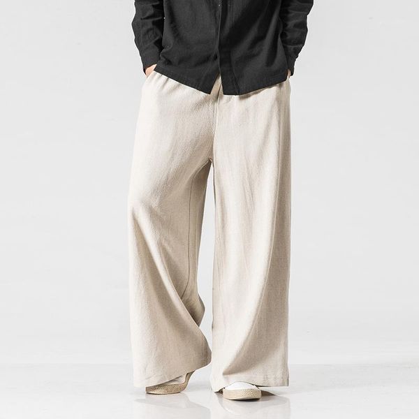 

new men elastic waist straight causal pants solid cotton linen loose harem trousers male wide leg pant1, Black