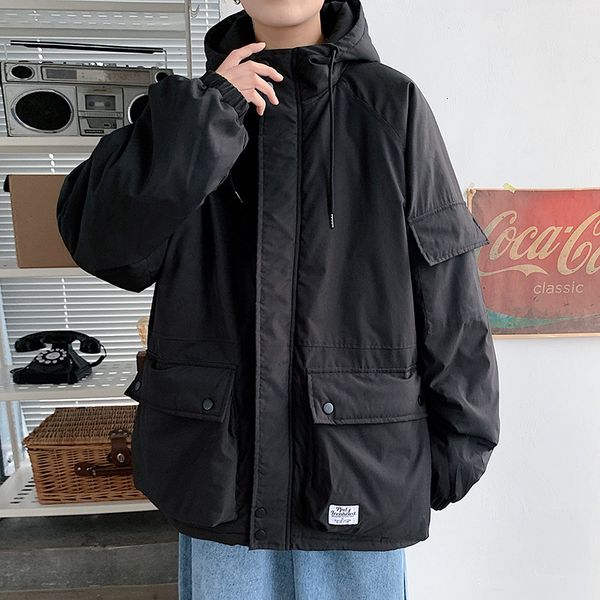 

big size winter work men's fashion brand loose hooded down cotton padded clothes students cool and warm, Black