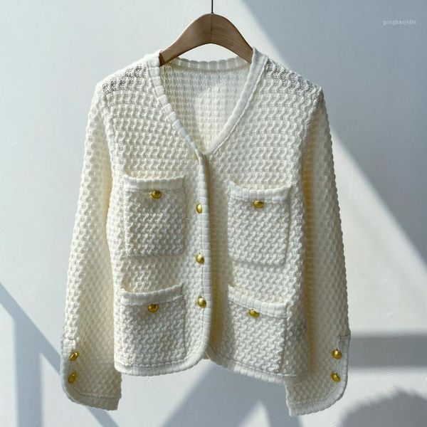 

100% cashmere knitwear cardigans women's pockets v-neck casual sweater 2020 autumn1, White