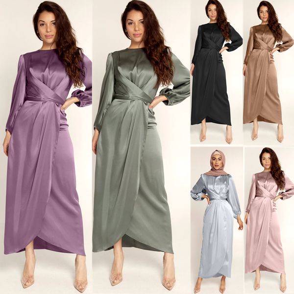 

Satin Bandage Abaya Dubai Turkey Hijab Muslim Dress India European American Islam Clothing African Dresses For Women Vestidos
