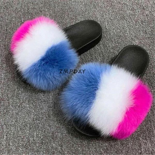 

kids/children's raccoon fur slippers women's open toe furry sandals ladies real fox fur slides female fluffy flip flops eu28-45 #p, Black