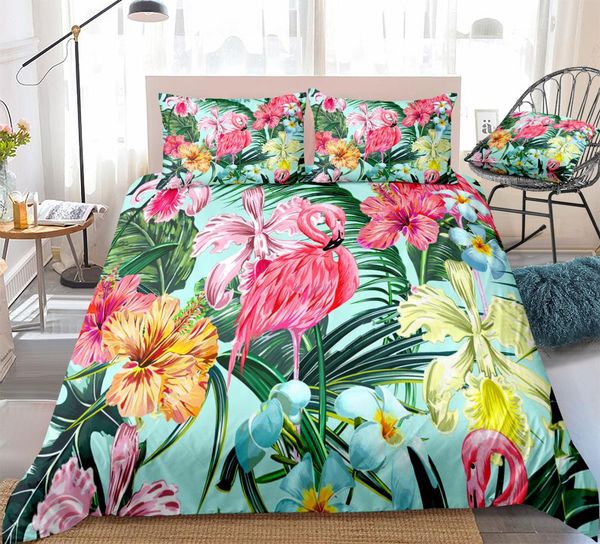 

flamingo bedding set bedclothes colorful flowers duvet cover set green palm leaves home textiles tropical quilt cover king size