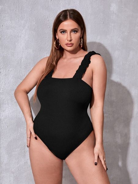 

plus frill trim cami bodysuit c7wv#, Black