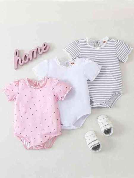 

baby 3pcs polka dot & striped lace trim keyhole back bodysuit she, Blue