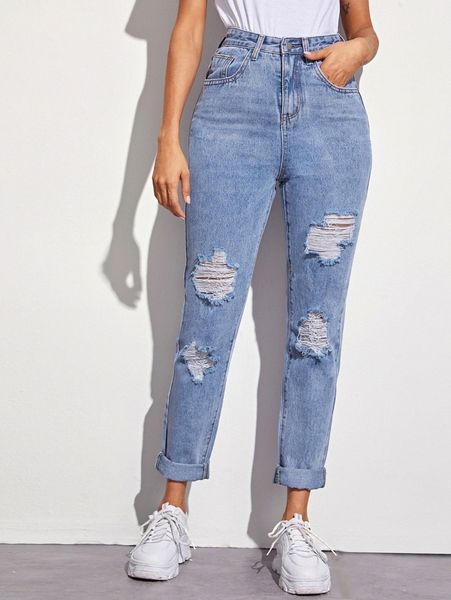 

high waisted ripped 5-pocket carrot jeans i3fl#, Blue