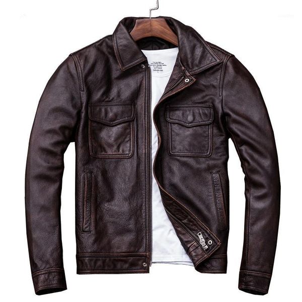 

genuine cow leather jacket men plus size cowhide leather coat short bomber jacket veste cuir homme vintage kj19131, Black